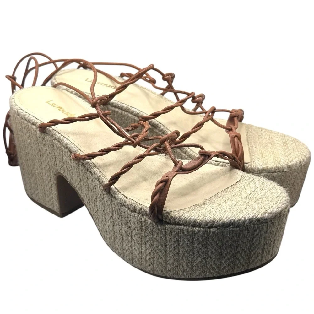 NWOT Larroude Coco Platform Sandal In Raffia & Caramel Leather Summer Travel 9.5